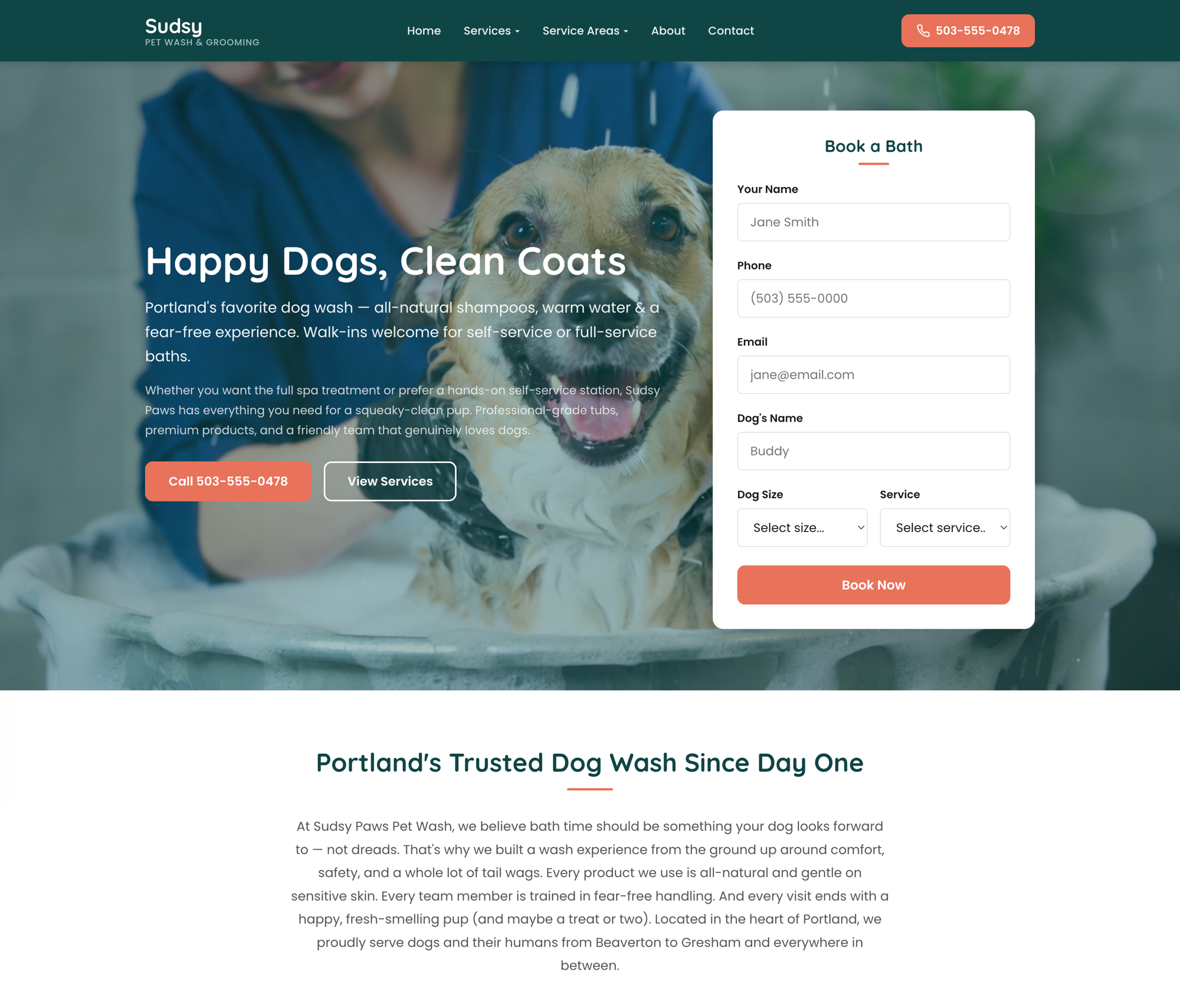 Sudsy Paws Pet Wash website screenshot
